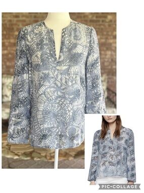 Tory Burch Top Baltic Sea Dream Catcher Linen Blend Semi Sheer Tunic 6 Nautical